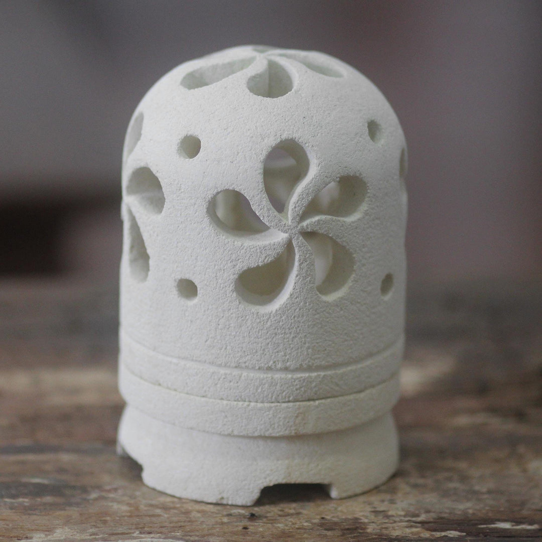 Balinese Carved Floral Limestone Tealight Holder Sculpture - Jasmine Glow