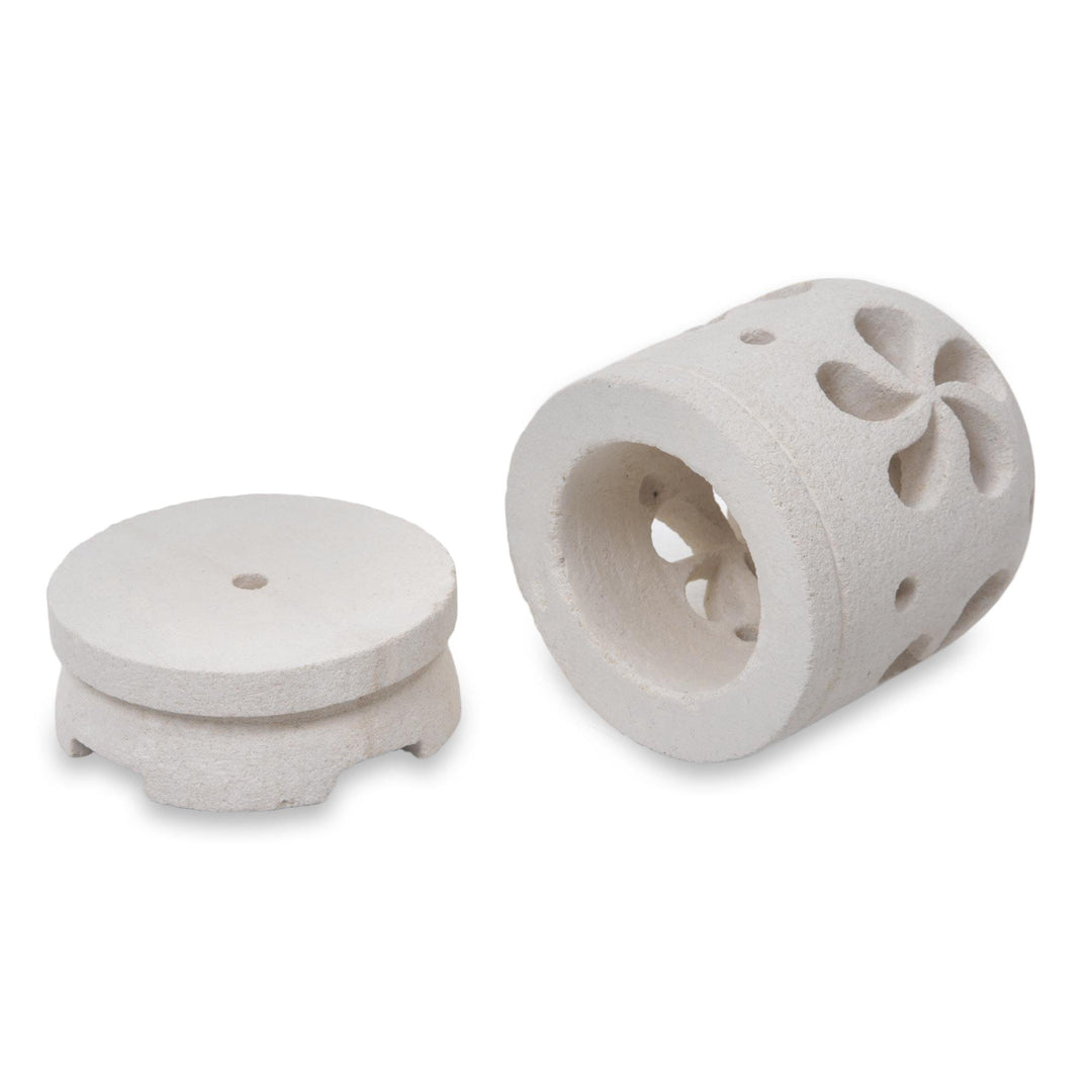 Balinese Carved Floral Limestone Tealight Holder Sculpture - Jasmine Glow