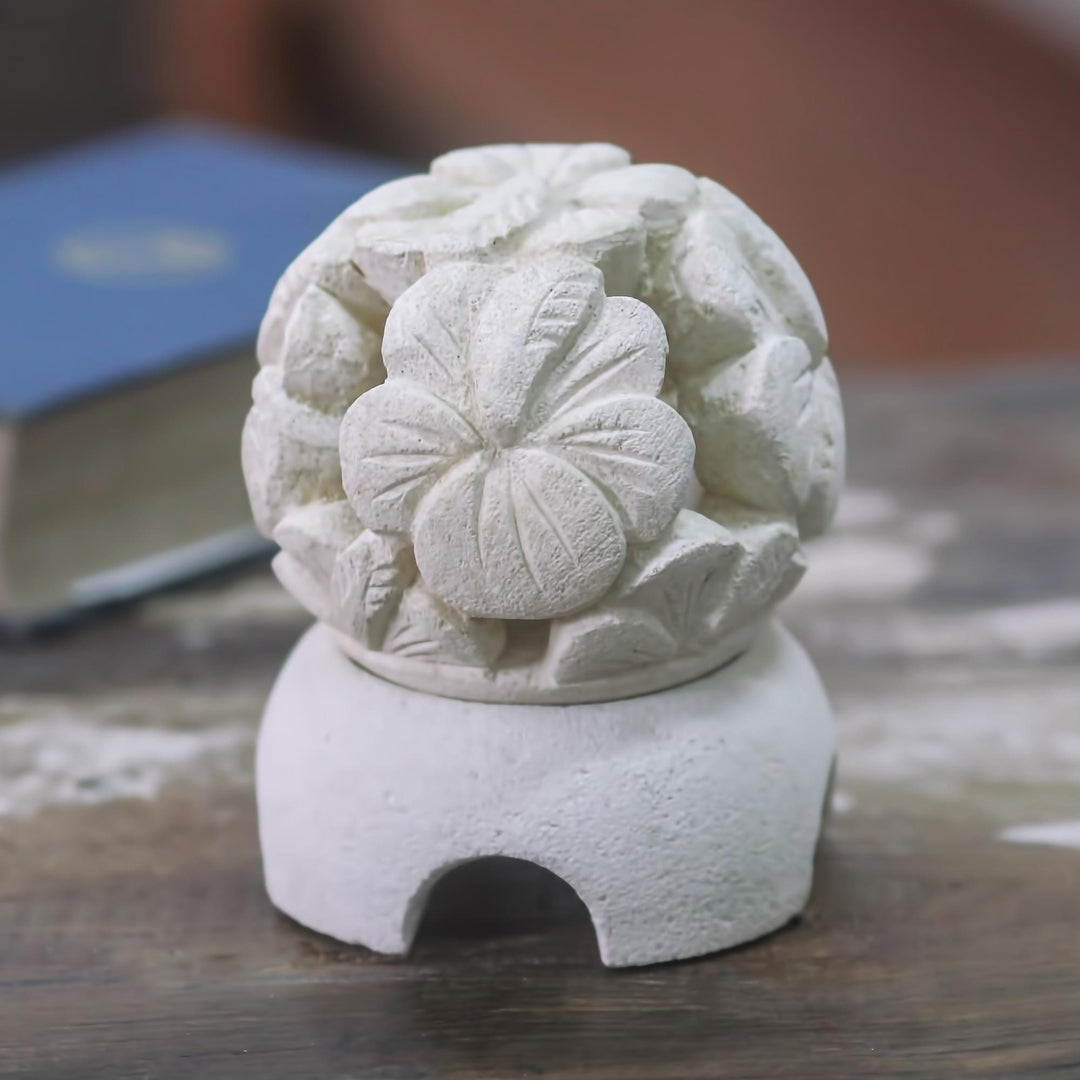 Carved Floral Limestone Tealight Candleholder from Bali - Hibiscus