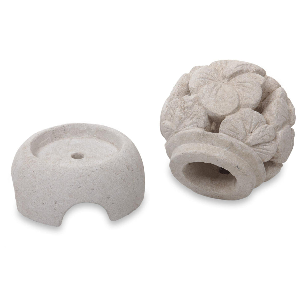 Carved Floral Limestone Tealight Candleholder from Bali - Hibiscus