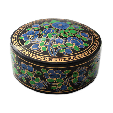 Hand Painted Papier Mache Round Decorative Box - Blue Grandeur