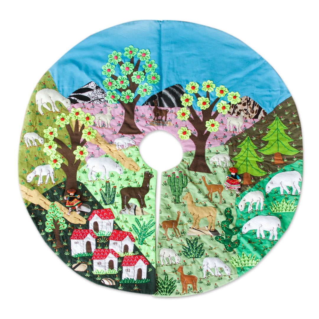 Peruvian Hand Sewn Applique Tree Skirt with Embroidery - Andean Hamlet