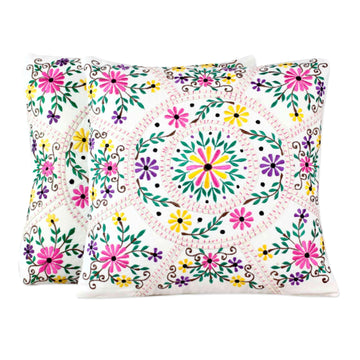Bright Flower Embroidery White Cotton Cushion Covers (Pair) - Floral Carousel