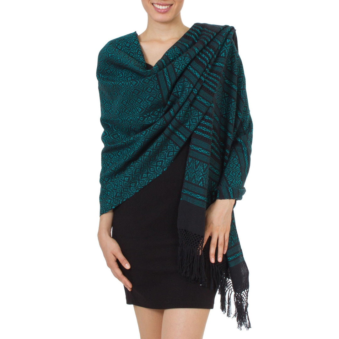 Mexican Handwoven Zapotec Shawl Cotton in Black and Aqua - Agave Shadows