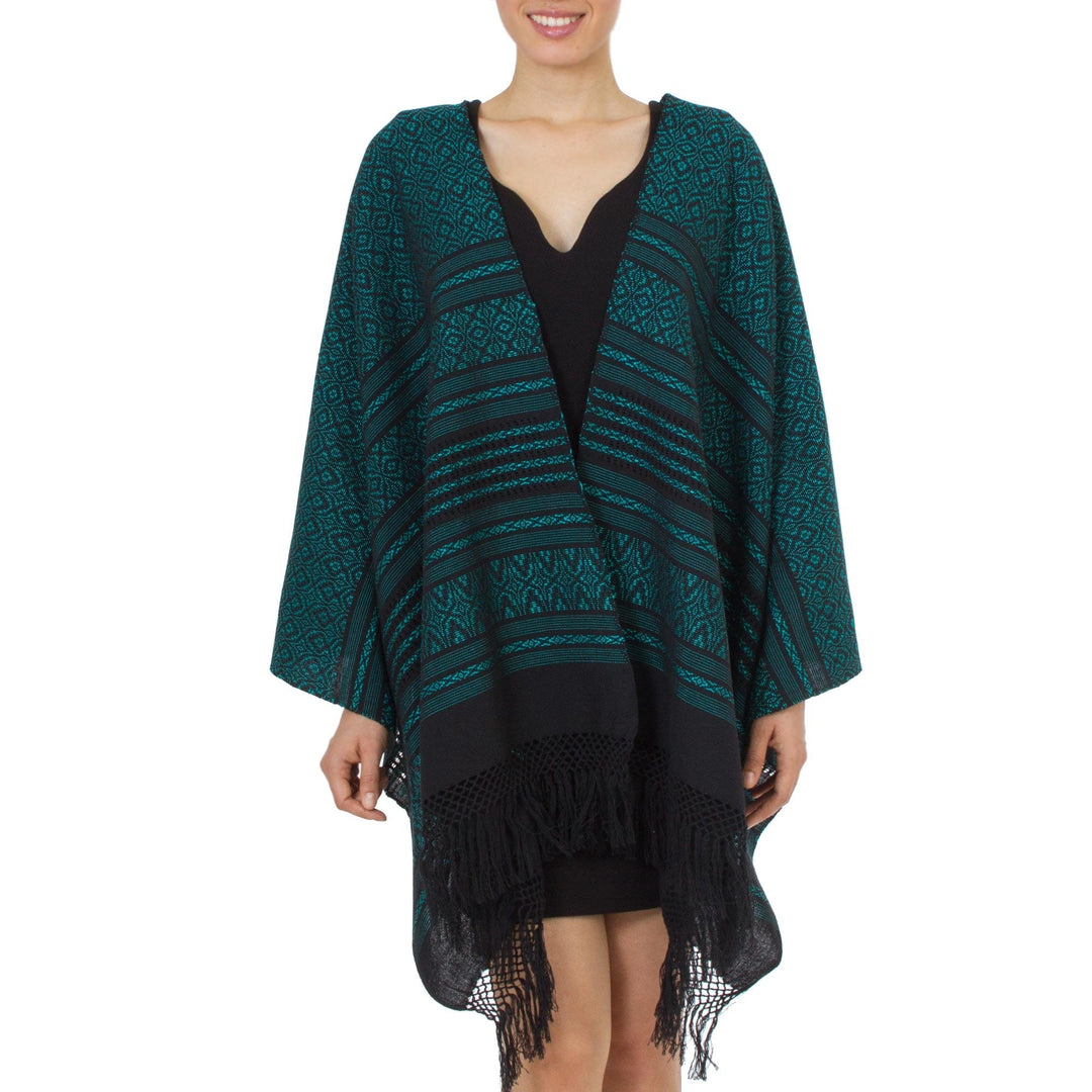 Mexican Handwoven Zapotec Shawl Cotton in Black and Aqua - Agave Shadows