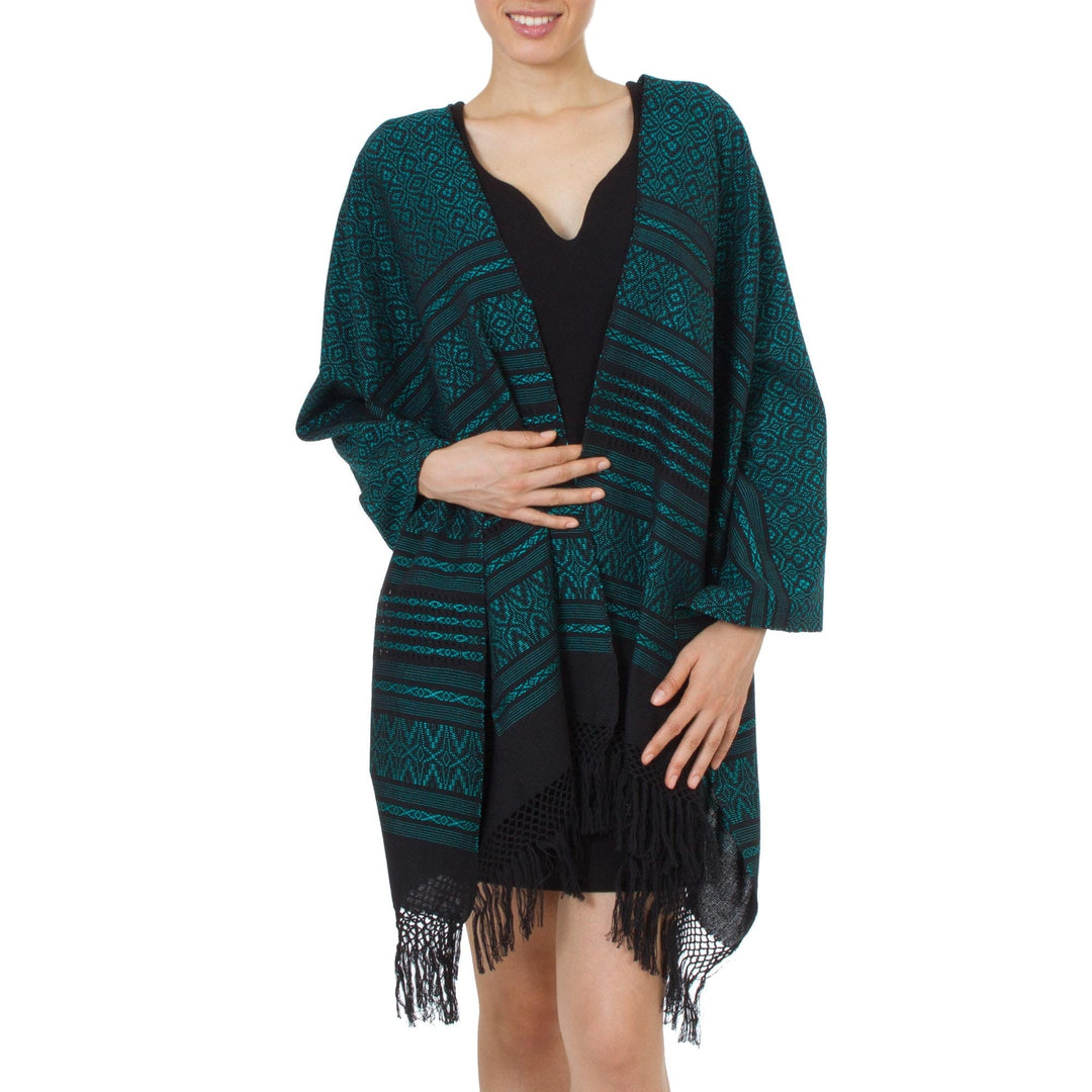 Mexican Handwoven Zapotec Shawl Cotton in Black and Aqua - Agave Shadows