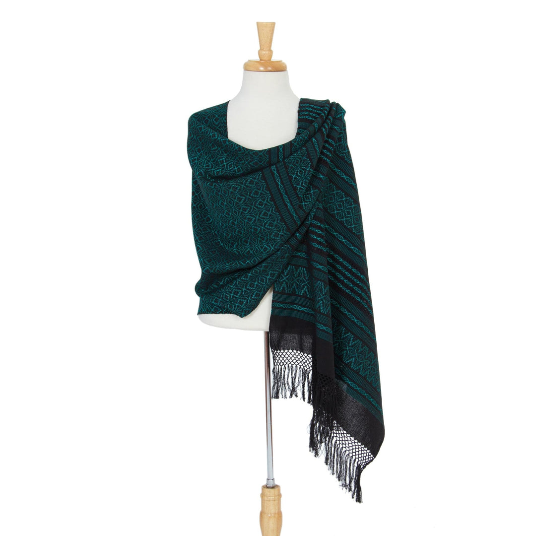 Mexican Handwoven Zapotec Shawl Cotton in Black and Aqua - Agave Shadows