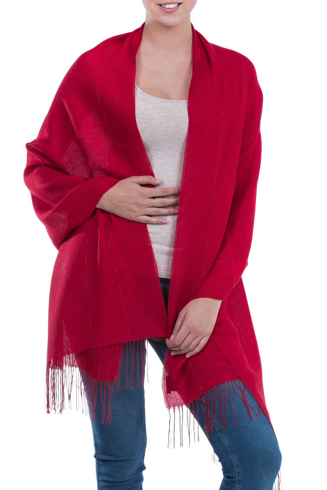 Handwoven Red Baby Alpaca Blend and Pima Cotton Shawl - Crimson Sparkle