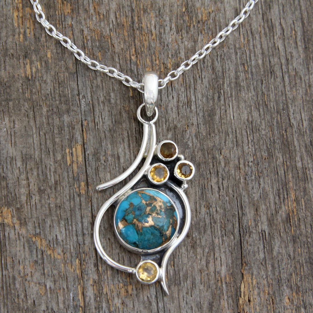 .925 Silver Necklace with Citrine and Composite Turquoise - Golden Sky