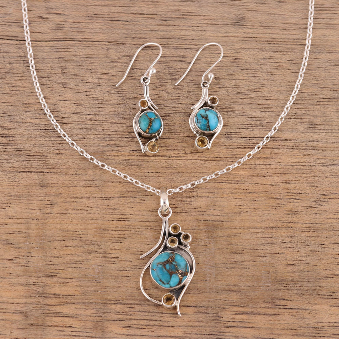 .925 Silver Necklace with Citrine and Composite Turquoise - Golden Sky