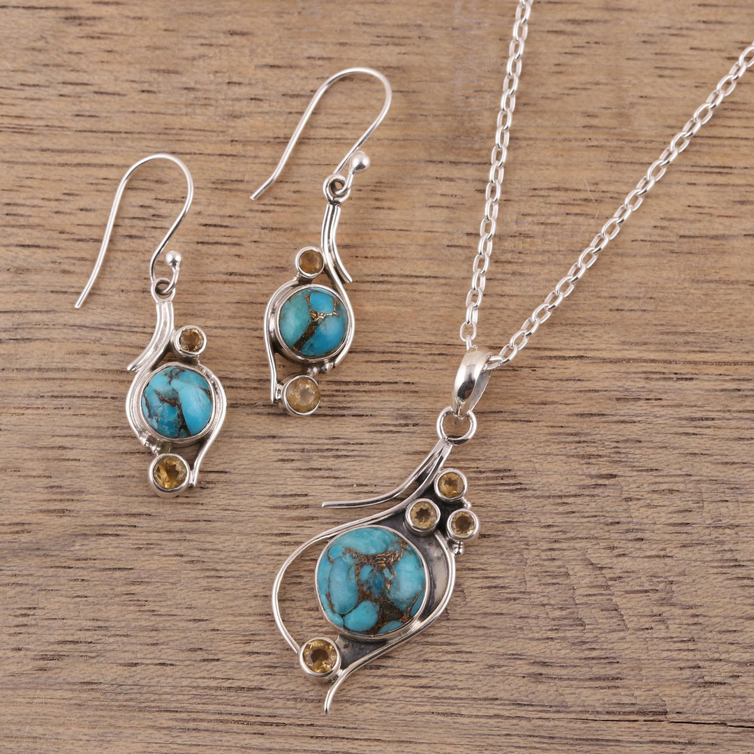 .925 Silver Necklace with Citrine and Composite Turquoise - Golden Sky