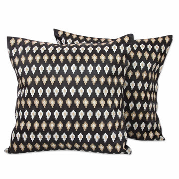 Embroidered Beige Stars on Black Satin Cushion Covers (Pair) - Midnight Desert