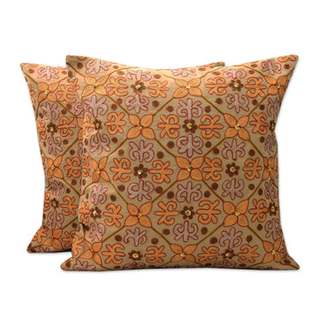 Embellished Cotton Cushion Covers in Autumn Colors (Pair) - Morning Marigolds