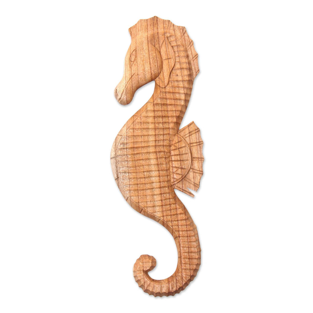Natural Wood Seahorse Relief Panel Carving - Natural Seahorse