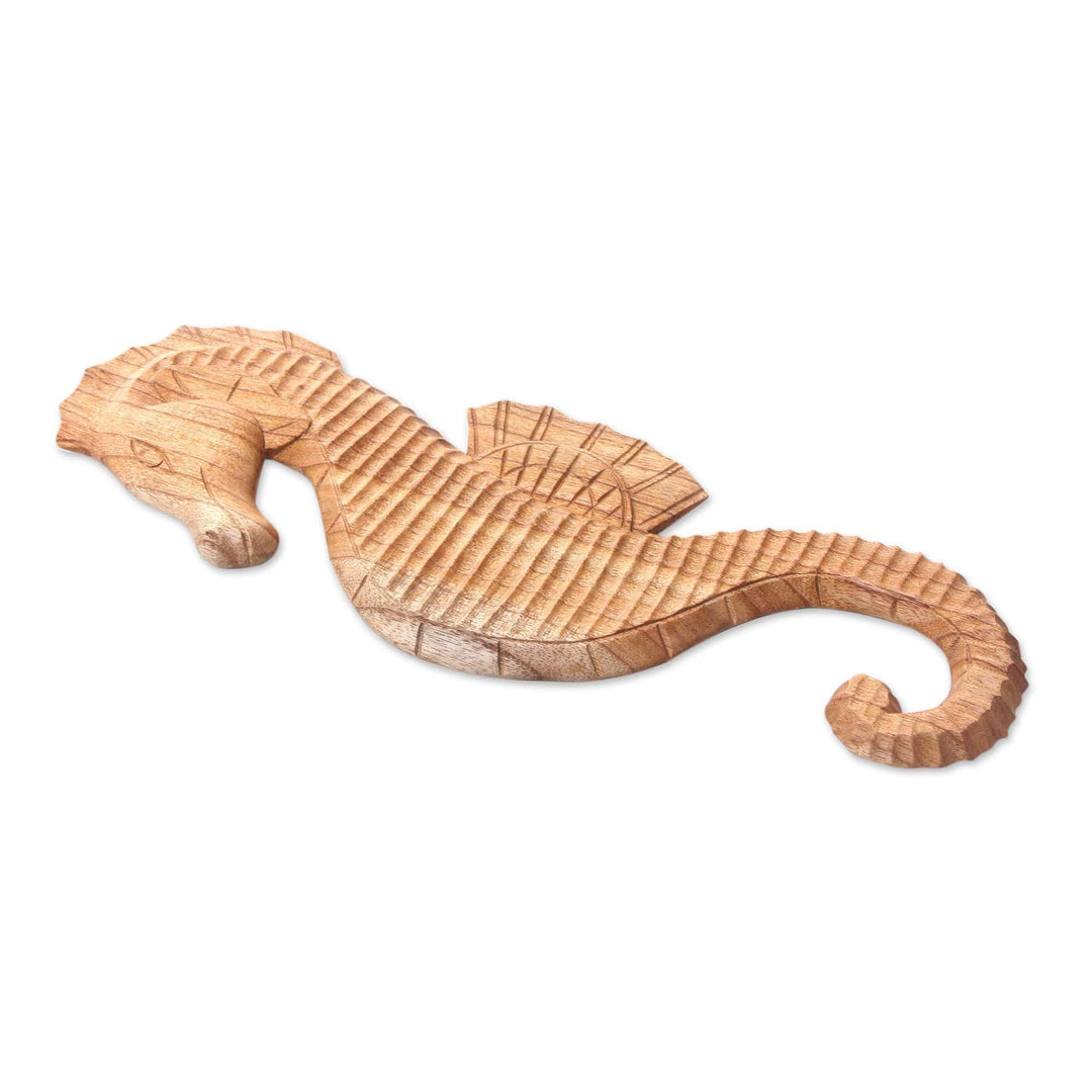 Natural Wood Seahorse Relief Panel Carving - Natural Seahorse