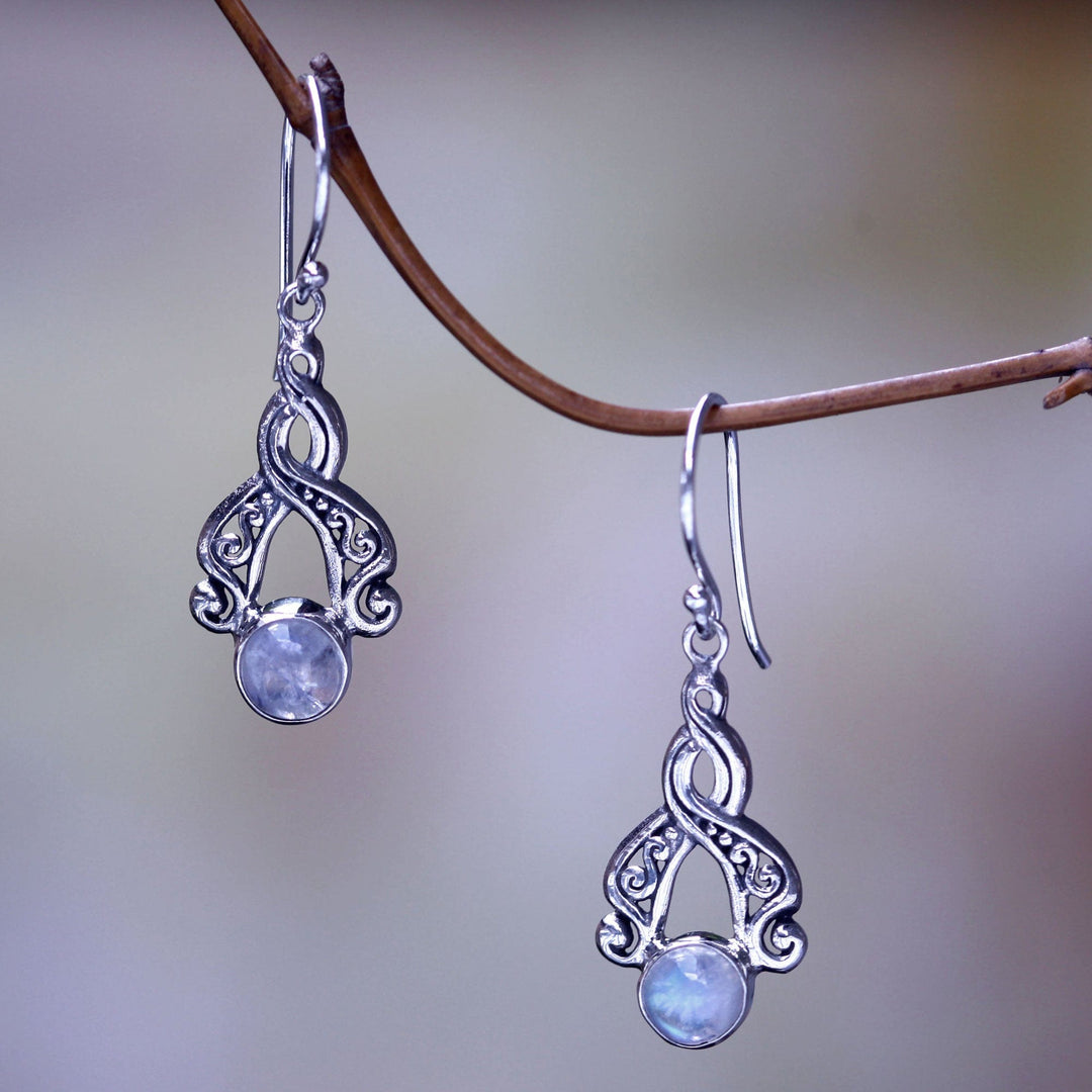 Bali Fair Trade Silver Earrings with Rainbow Moonstone - Delicate Radiance