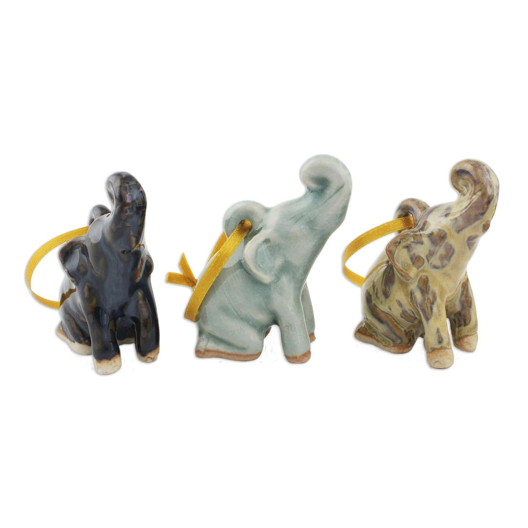 Artisan Crafted Ornaments in Celadon Ceramic (Set of 3) - Holiday Elephants