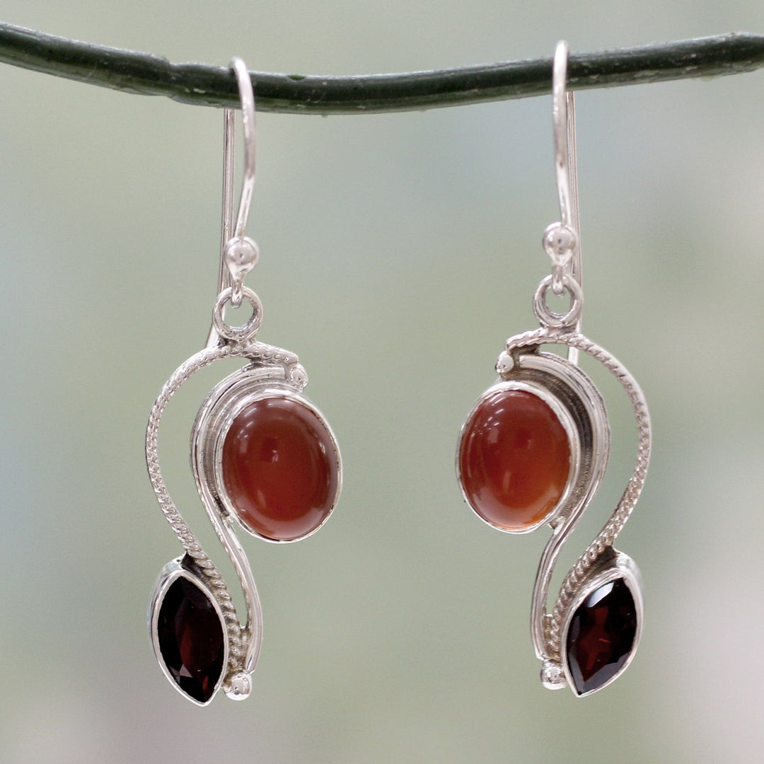Silver Handcrafted Carnelian and Garnet Earrings - Colorful Curves