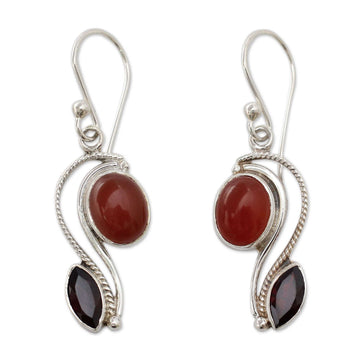 Silver Handcrafted Carnelian and Garnet Earrings - Colorful Curves