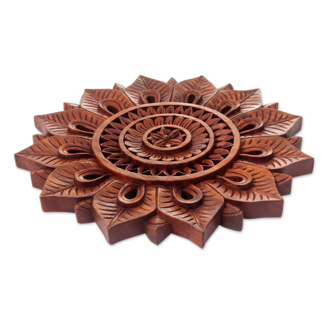 Floral Motif Artisan Hand Carved Wood Relief Panel - Sunflower