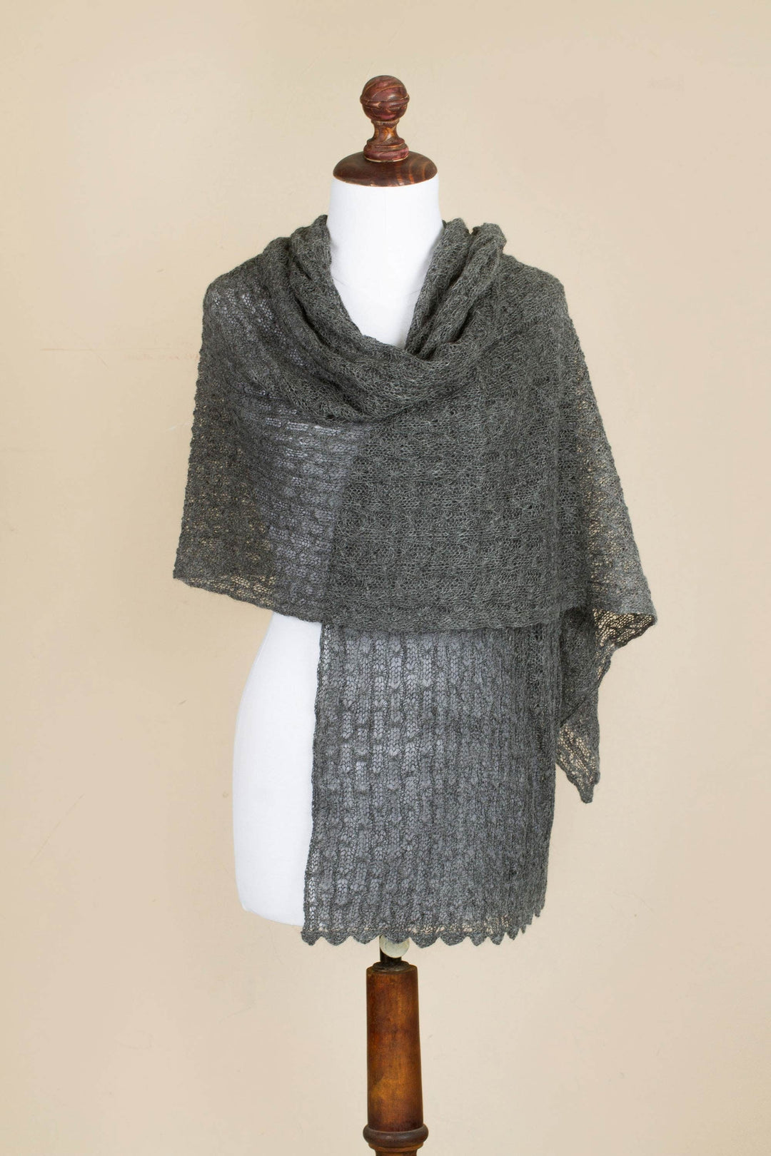 Charcoal Grey Sheer Knitted Alpaca Blend Shawl - Muse in Grey