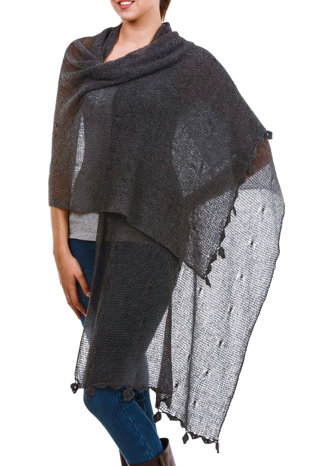 Andean Charcoal Grey Open Knit Alpaca Blend Shawl - Gossamer Grey Stars