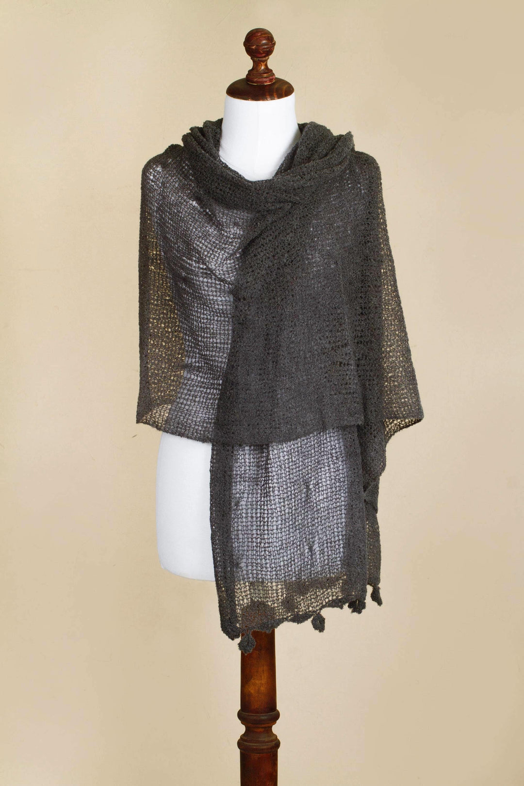 Andean Charcoal Grey Open Knit Alpaca Blend Shawl - Gossamer Grey Stars
