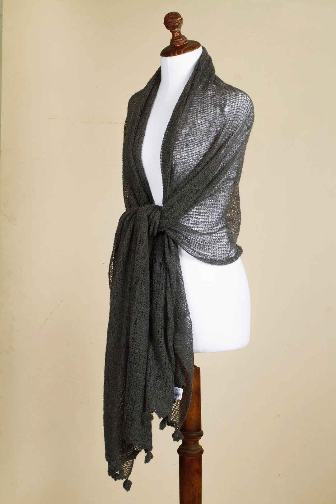 Andean Charcoal Grey Open Knit Alpaca Blend Shawl - Gossamer Grey Stars