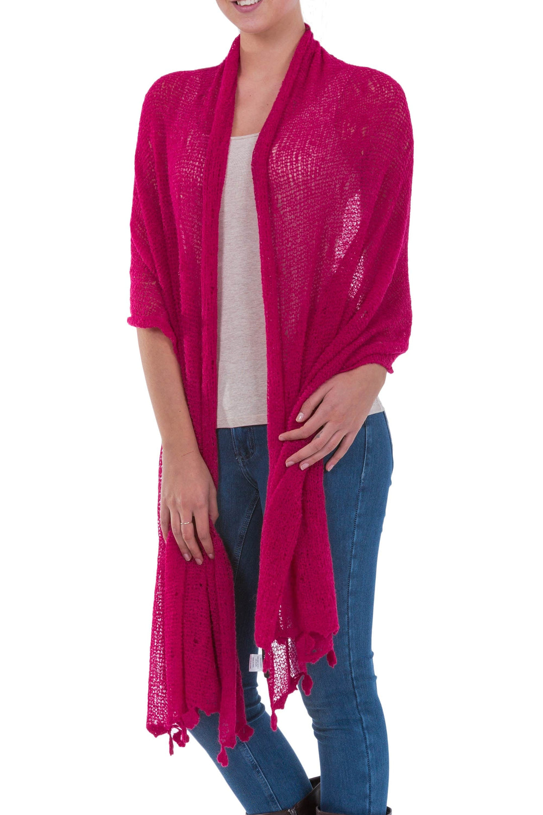 Andean Baby Alpaca Blend Raspberry Sheer Knitted Shawl - Gossamer Raspberry Stars