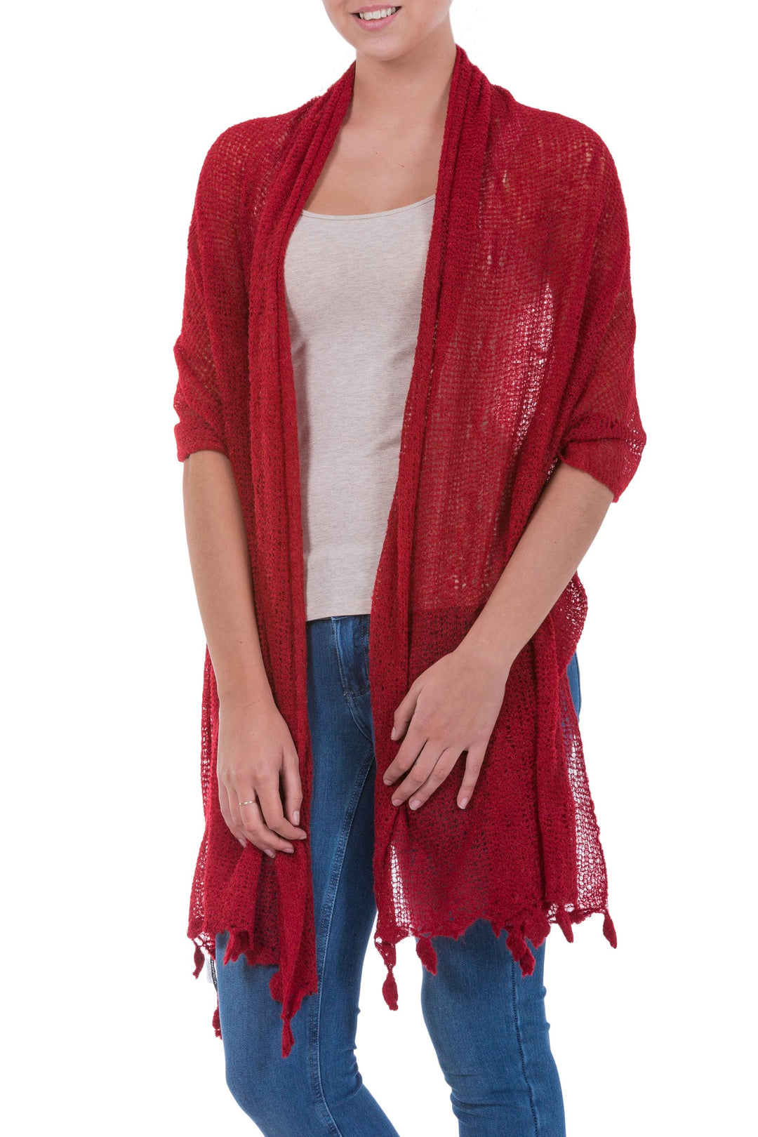 Crimson Red Andean Alpaca Blend Shawl from Peru - Gossamer Crimson Stars