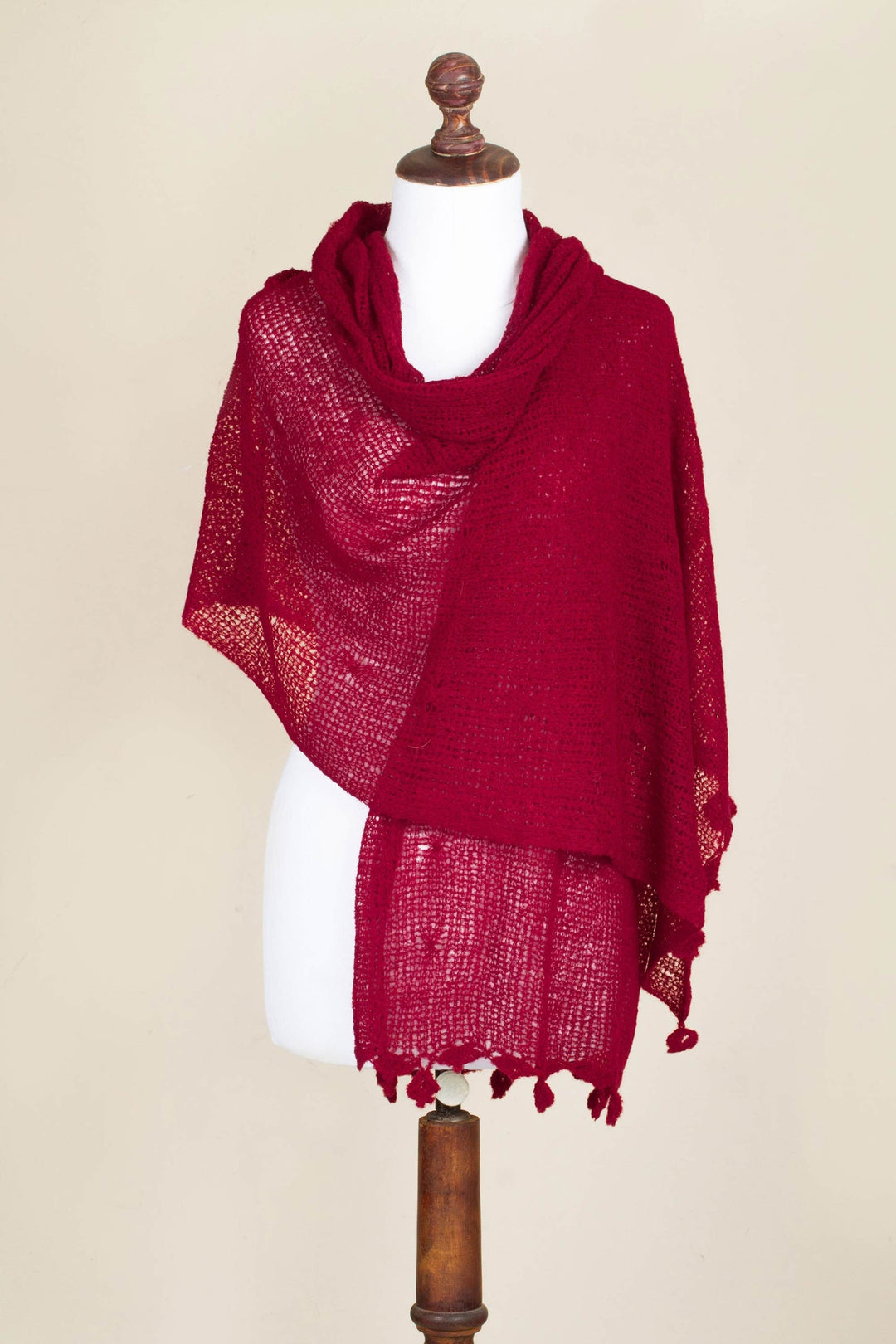 Crimson Red Andean Alpaca Blend Shawl from Peru - Gossamer Crimson Stars