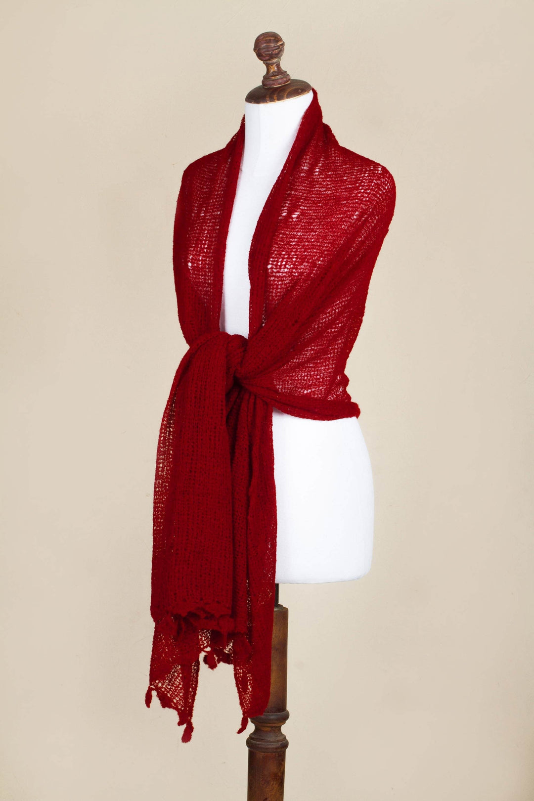 Crimson Red Andean Alpaca Blend Shawl from Peru - Gossamer Crimson Stars