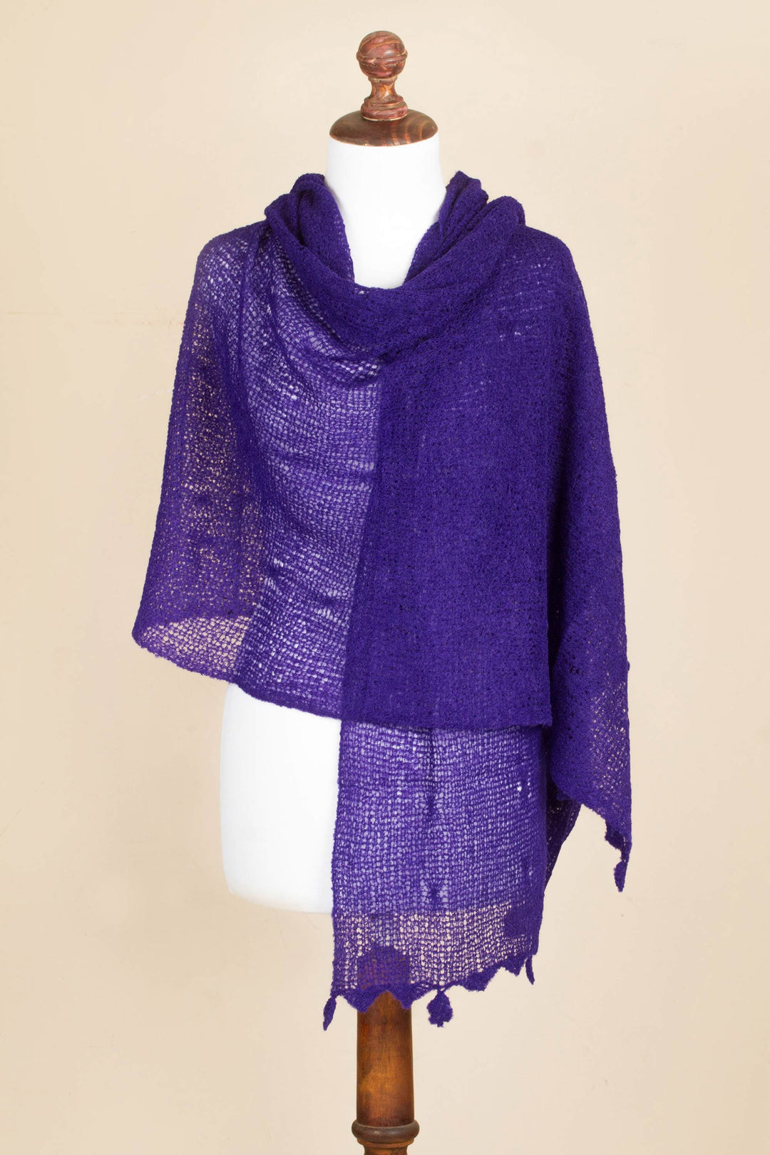 Deep Purple Open Knit Andean Alpaca Wool Blend Shawl - Gossamer Purple Stars