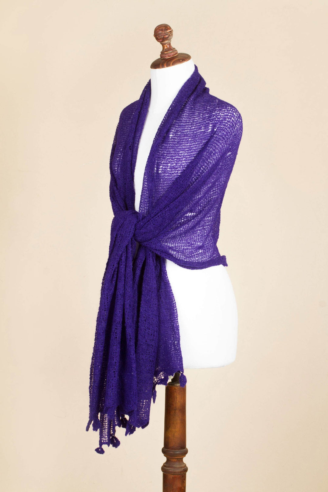 Deep Purple Open Knit Andean Alpaca Wool Blend Shawl - Gossamer Purple Stars