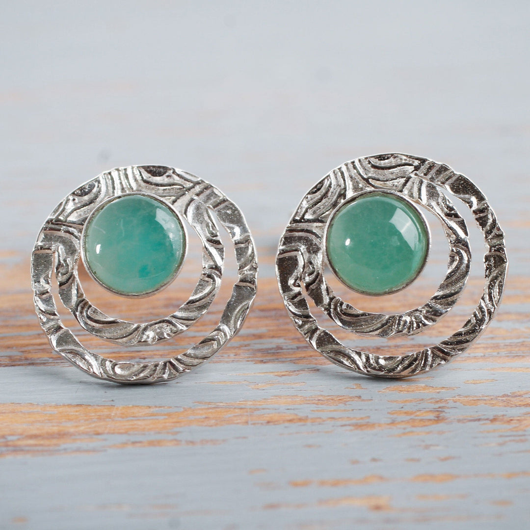 Handcrafted Sterling Silver and Green Opal Button Earrings - Green Vibrations