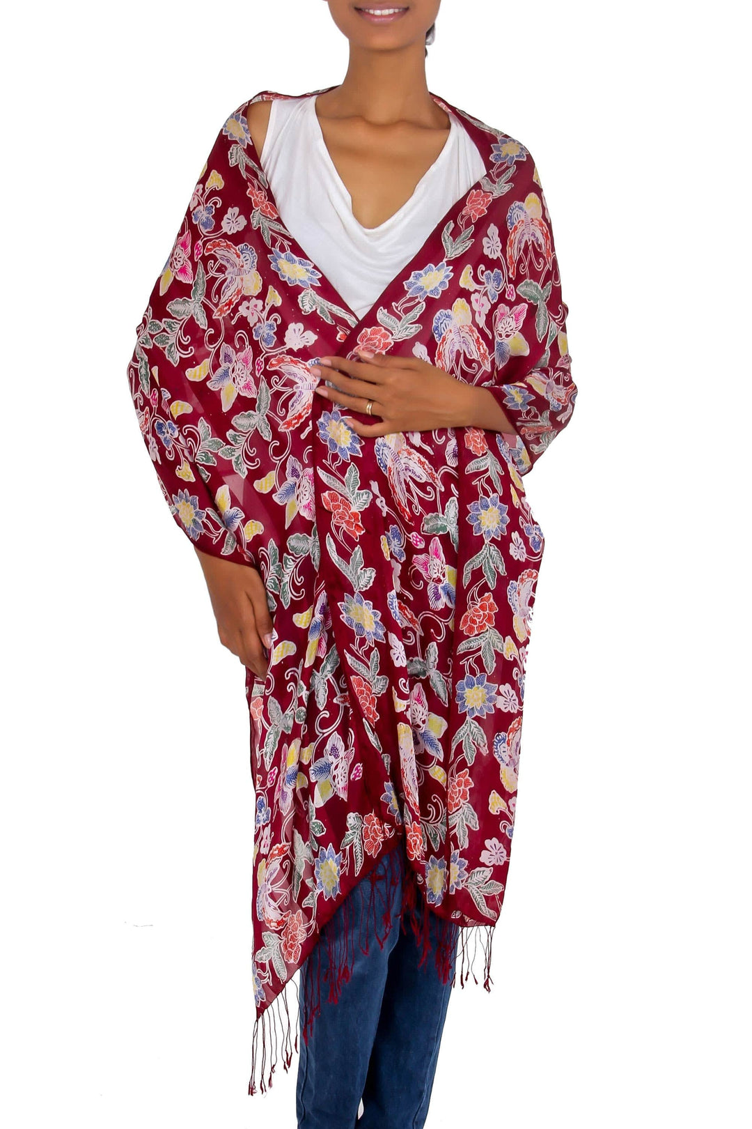 Burgundy Silk Hand Stamped Floral Batik Shawl from Bali - Wine in the Garden