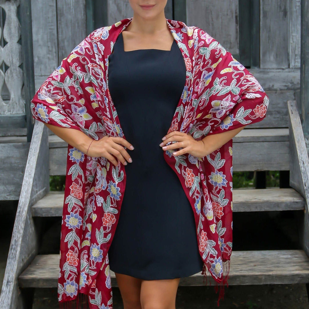 Burgundy Silk Hand Stamped Floral Batik Shawl from Bali - Wine in the Garden