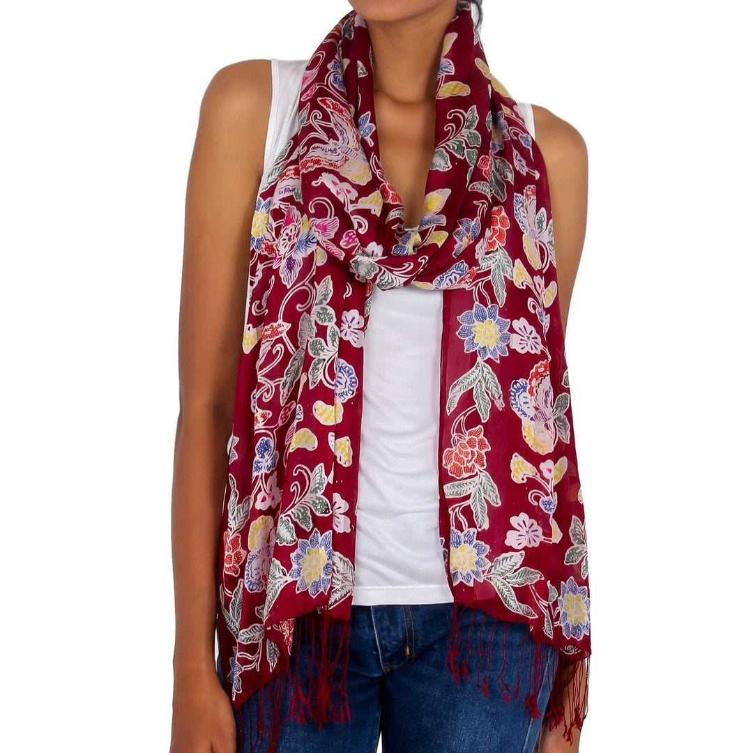 Burgundy Silk Hand Stamped Floral Batik Shawl from Bali - Wine in the Garden