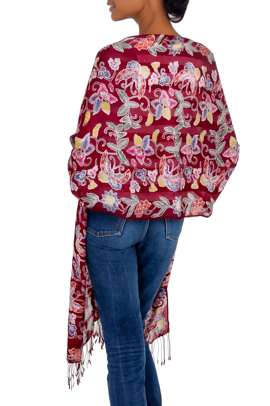 Burgundy Silk Hand Stamped Floral Batik Shawl from Bali - Wine in the Garden
