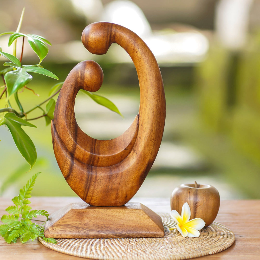 Signed Hand Carved Mother and Child Wood Sculpture from Bali - Mother's Compassion