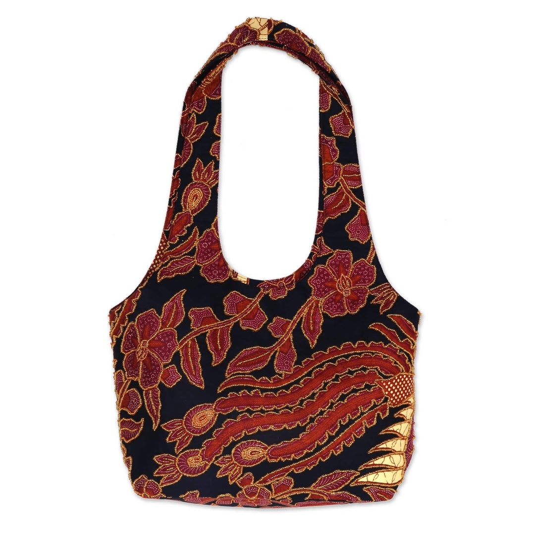 Beaded Batik Black and Burgundy Cotton Shoulder Bag - Black Sawunggaling