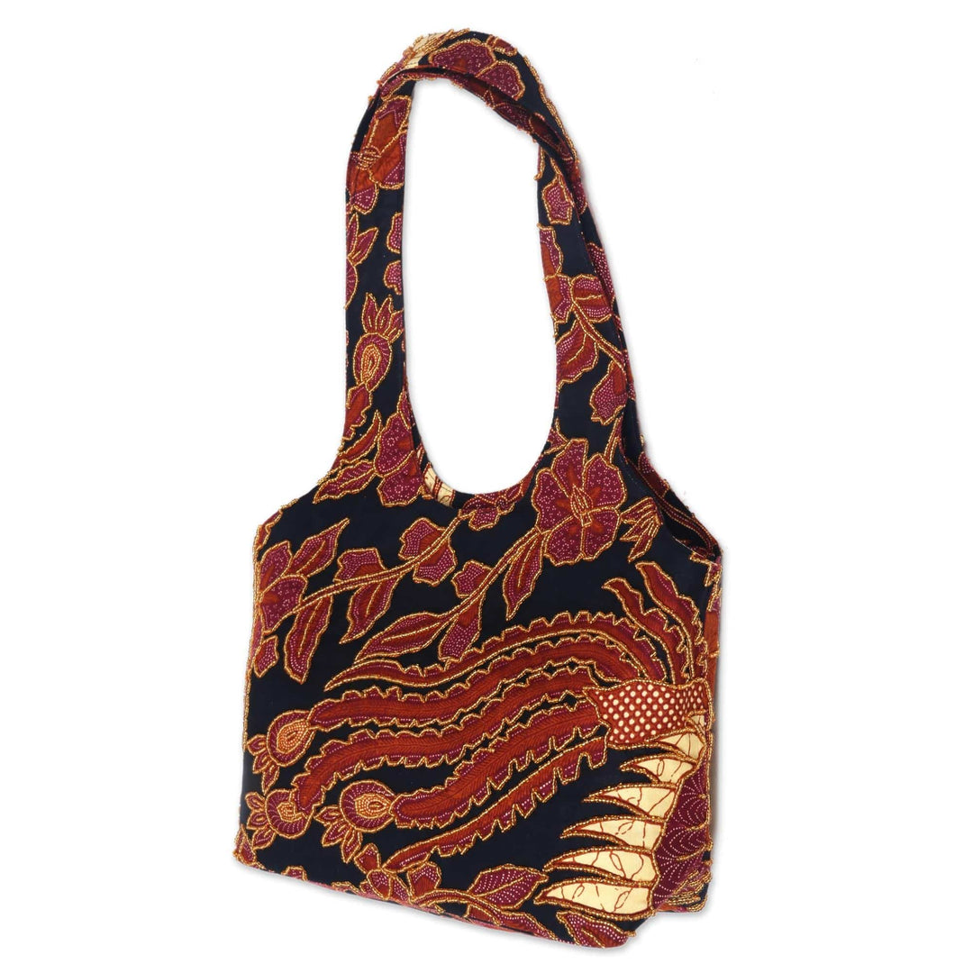 Beaded Batik Black and Burgundy Cotton Shoulder Bag - Black Sawunggaling