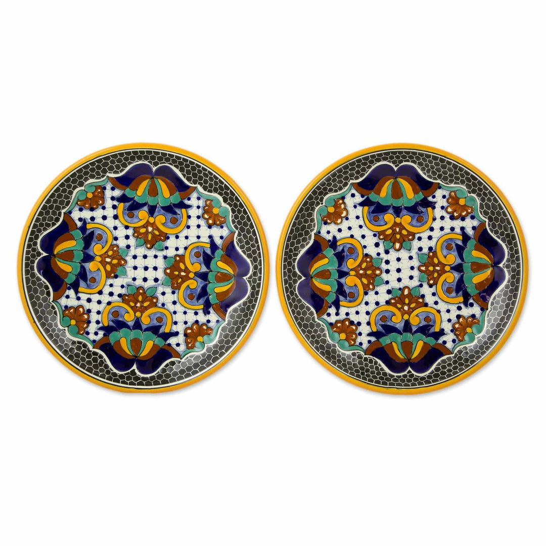 Artisan Crafted 10-inch Ceramic Luncheon Plates (Pair) - Zacatlan Flowers