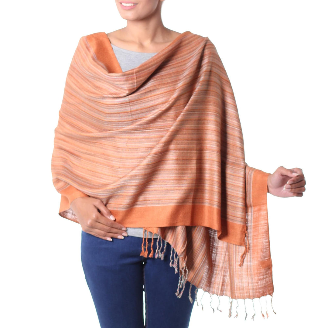Women's Handwoven Silk Striped Shawl - Bihar Ginger