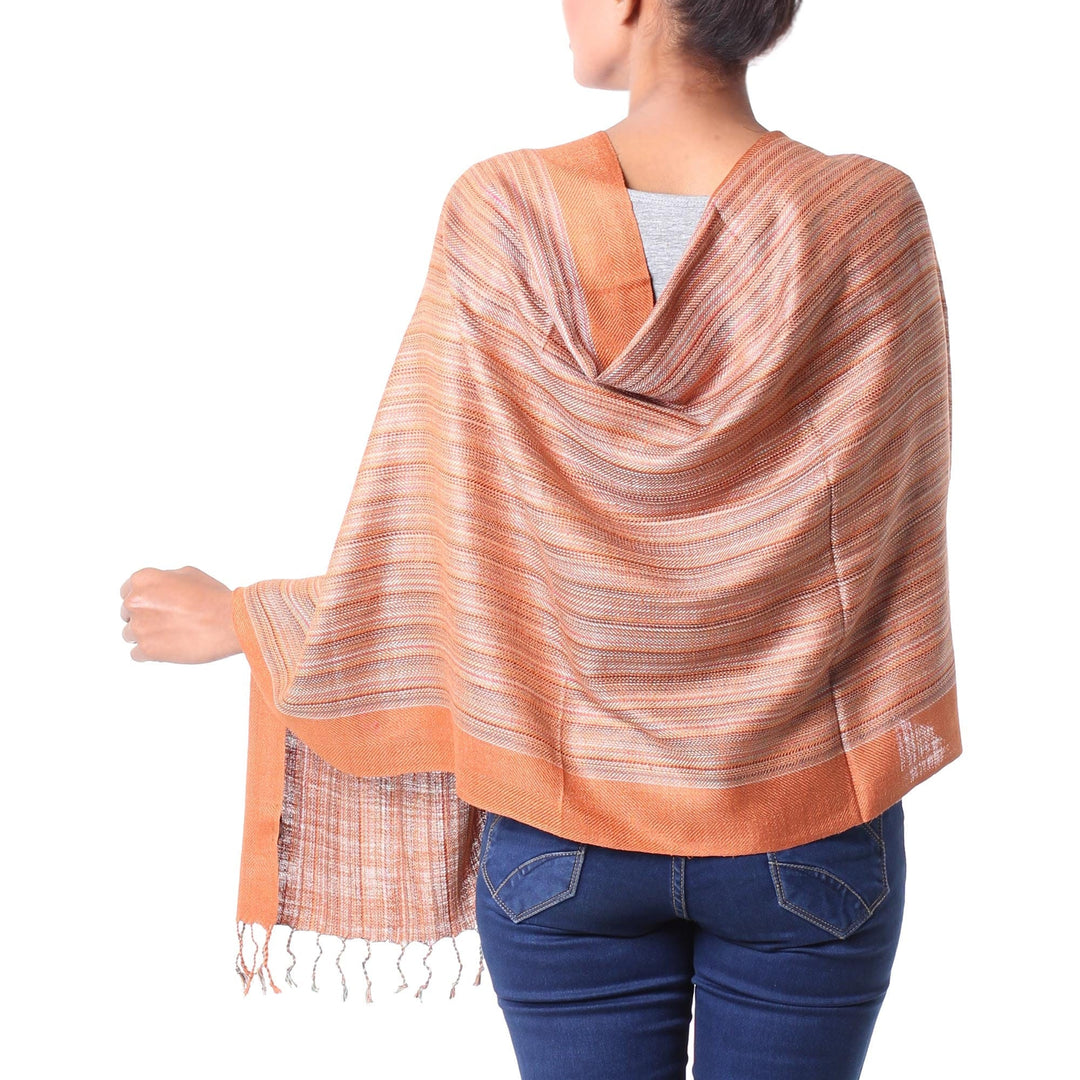 Women's Handwoven Silk Striped Shawl - Bihar Ginger