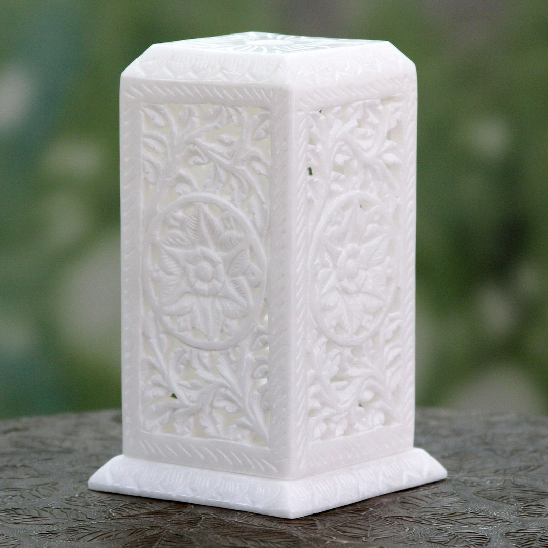 Artisan Crafted White Marble Tealight Candle Holder - Agra Pillar of Light