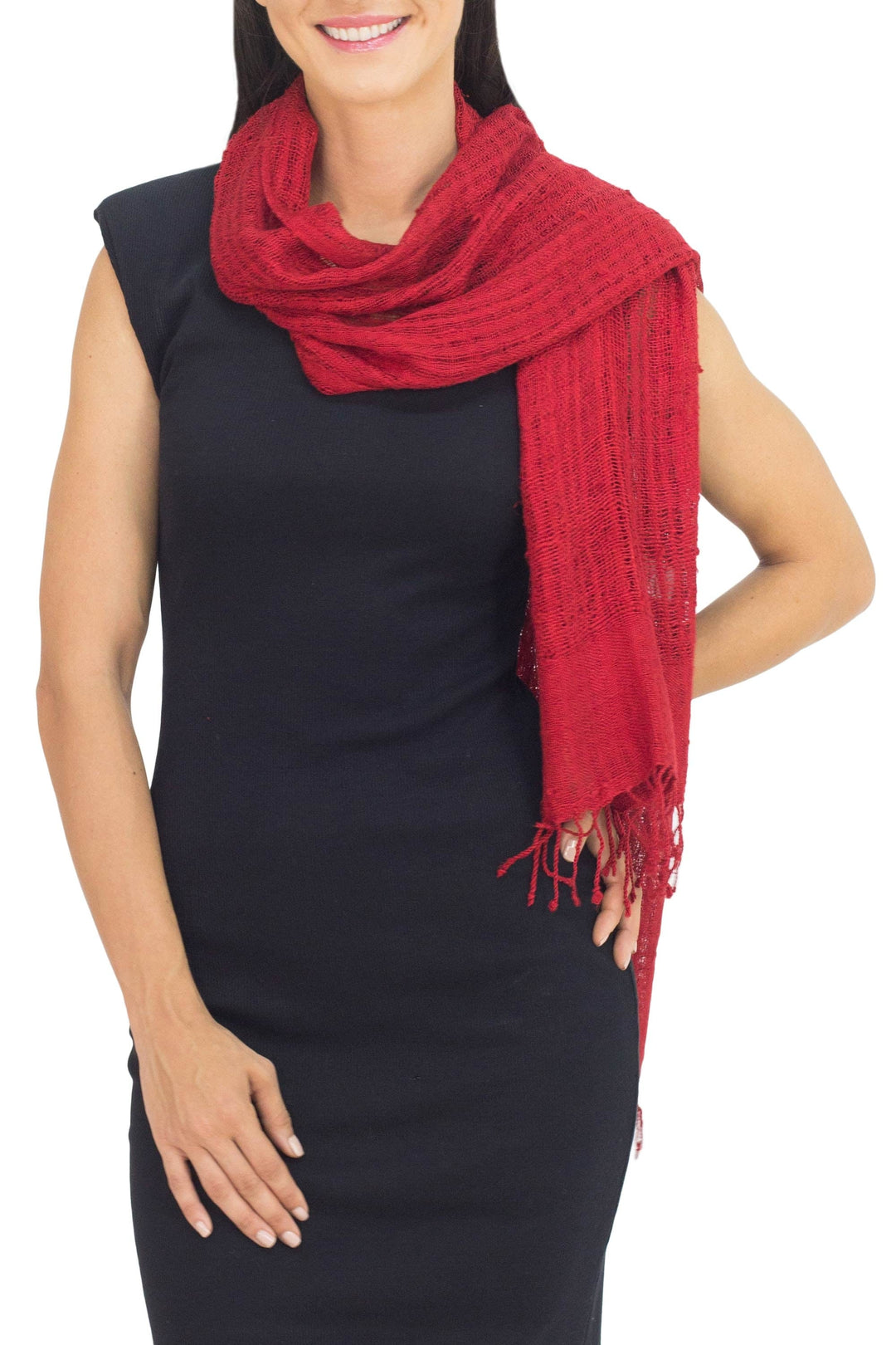 Coarse Textured Red Silk Scarf Handwoven in Thailand - Summer Ruby