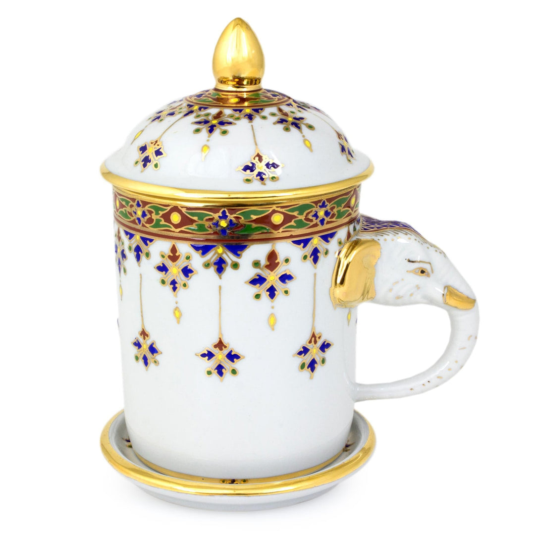 White Porcelain Benjarong Mug and Lid with Gold Application - Charmed Thai