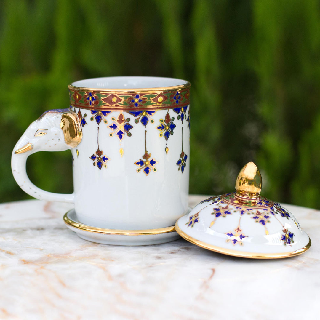 White Porcelain Benjarong Mug and Lid with Gold Application - Charmed Thai