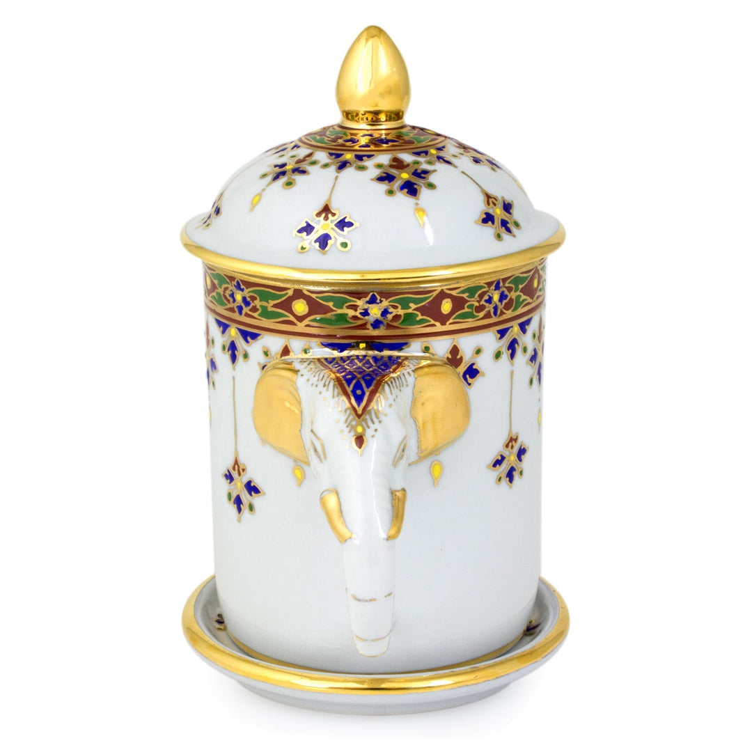 White Porcelain Benjarong Mug and Lid with Gold Application - Charmed Thai
